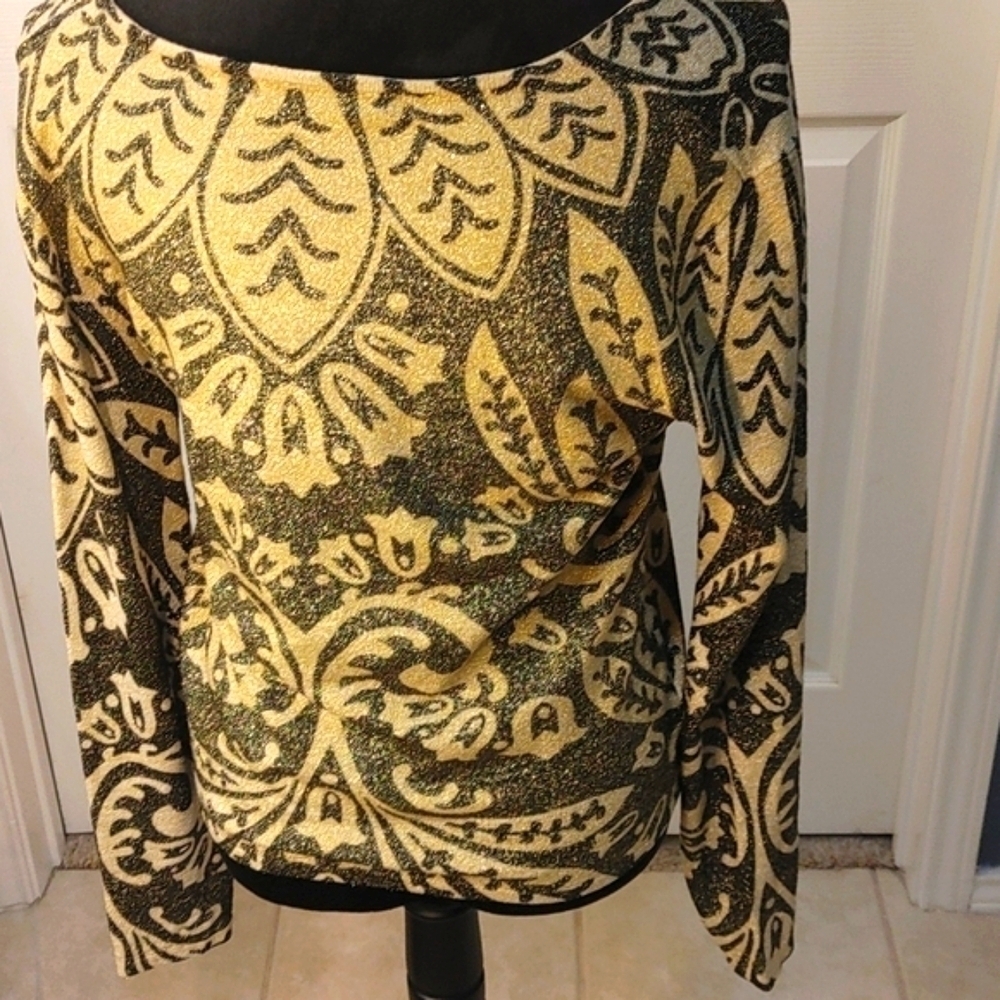 New Pierre Women's Long Sleeve Shimmery V-Neck Sweater Gold Black Large Holiday - Picture 9 of 12